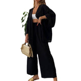 Cotton Linen Cardigan Long-sleeved Top & Wide Leg Trousers