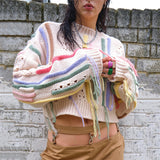 Fashion Knit Sweater with Color-block & Tassel Design