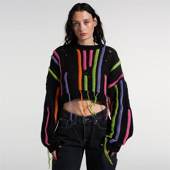 Fashion Knit Sweater with Color-block & Tassel Design