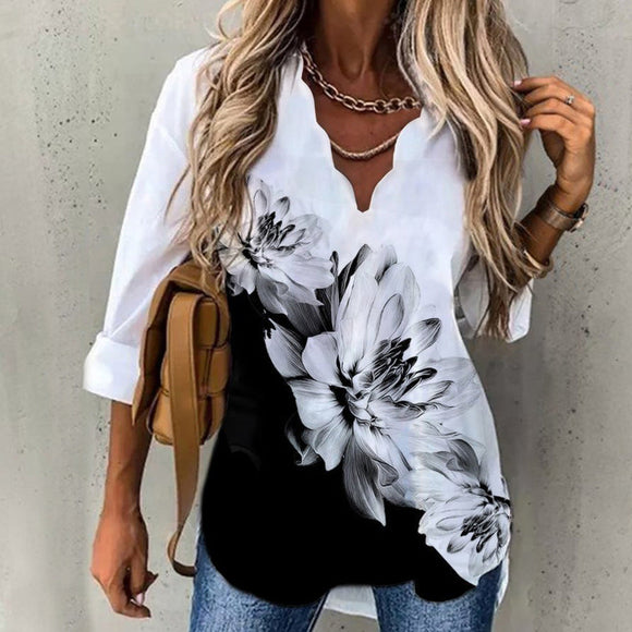 Wave Collar Printed Long-sleeved Blouse