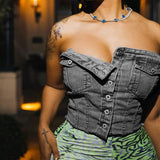 Denim Shrink-wrapped Button-up Top Silver Sam