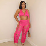 Knitted Straight Pants Hipster Tassel Hollow Out High-Waist
