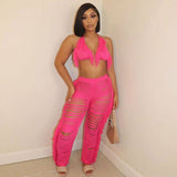 Knitted Straight Pants Hipster Tassel Hollow Out High-Waist