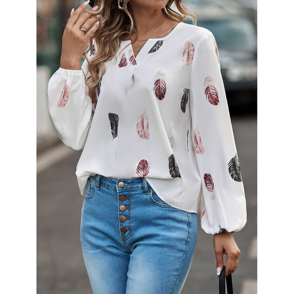 V-neck Feather Print Long-sleeved Loose Blouse