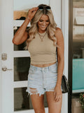 Ribbed Knit Crop Top with Navel-Baring Design