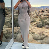 Solid Elegant Maxi Dress Women Inclined Shoulder Sleeveless Dress Silver Sam