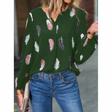 V-neck Feather Print Long-sleeved Loose Blouse