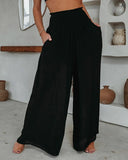 Loose Cotton Wide-Leg Pants with Elastic Waistband & Pockets