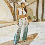 Knitted Straight Pants Hipster Tassel Hollow Out High-Waist