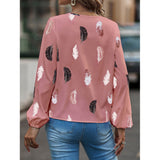 V-neck Feather Print Long-sleeved Loose Blouse