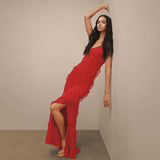 Backless Maxi Dress with High Slit and Ruffle Hem