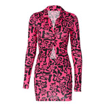 Leopard Print Long-sleeved Polo Collar Skirt Two-piece Set Silver Sam