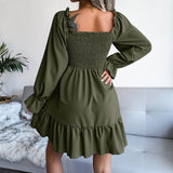Square Collar Flared Long Sleeve Ruffled Swing Dress Silver Sam