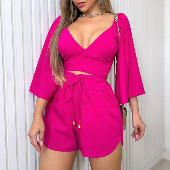 V-neck Backless Bell Sleeve Top and High-waisted Shorts Set
