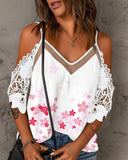 Printed V-Neck Lace Trim Camisole Top