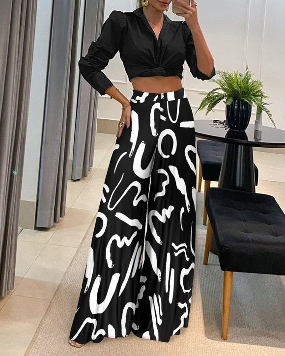 Casual High-Waisted Pants and Shirt Set