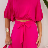 Crew Neck Short Sleeve Top Lace-up & High Waist Trousers Set