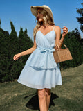 Solid Color V-neck Tie-Waist Slip Dress Silver Sam
