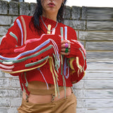 Fashion Knit Sweater with Color-block & Tassel Design