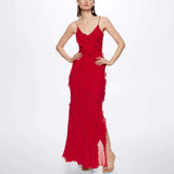 Backless Maxi Dress with High Slit and Ruffle Hem