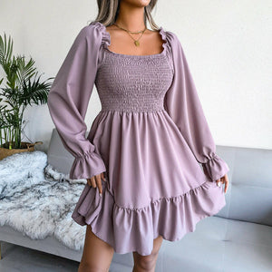 Square Collar Flared Long Sleeve Ruffled Swing Dress Silver Sam