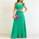 Solid Color Crop Top & Pleated Midi Skirt Set