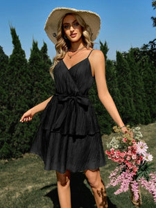 Solid Color V-neck Tie-Waist Slip Dress Silver Sam