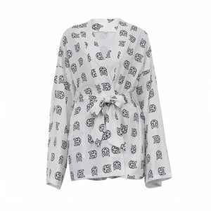 Casual Tie-Waist Long Sleeve Pajama Set with High Waisted Shorts