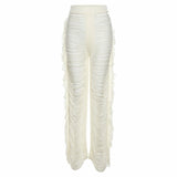 Knitted Straight Pants Hipster Tassel Hollow Out High-Waist