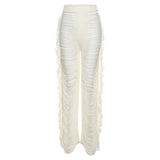 Knitted Straight Pants Hipster Tassel Hollow Out High-Waist