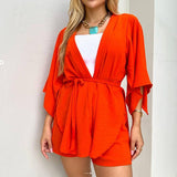 Slit Seven Points Sleeve Cardigan Top & Draw Rope Shorts