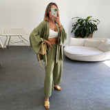 Cotton Linen Cardigan Long-sleeved Top & Wide Leg Trousers