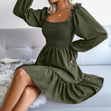 Square Collar Flared Long Sleeve Ruffled Swing Dress Silver Sam