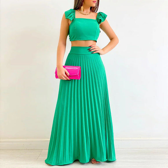 Solid Color Crop Top & Pleated Midi Skirt Set