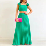 Solid Color Crop Top & Pleated Midi Skirt Set
