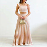 Solid Color Crop Top & Pleated Midi Skirt Set