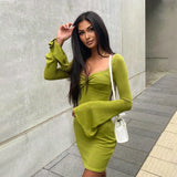 Square Collar Trumpet Sleeve Slim Sexy Dress
