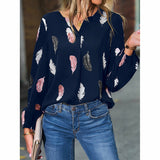V-neck Feather Print Long-sleeved Loose Blouse