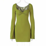 Square Collar Trumpet Sleeve Slim Sexy Dress