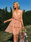 Solid Color V-neck Tie-Waist Slip Dress Silver Sam