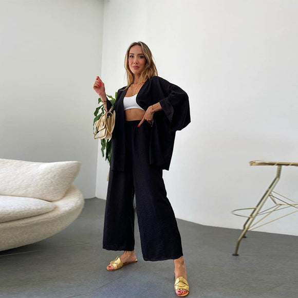 Cotton Linen Cardigan Long-sleeved Top & Wide Leg Trousers