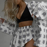 Casual Tie-Waist Long Sleeve Pajama Set with High Waisted Shorts