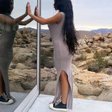 Solid Elegant Maxi Dress Women Inclined Shoulder Sleeveless Dress Silver Sam