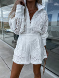 Solid Color Single Breasted Lace Shorts Set
