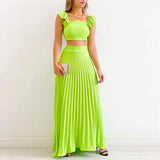 Solid Color Crop Top & Pleated Midi Skirt Set