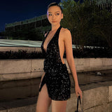 Sparkling Halter Backless Slit Bodycon Dress