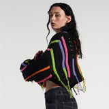 Fashion Knit Sweater with Color-block & Tassel Design