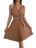 V-Neck Sleeveless Waist Gathered Pleated Dress Silver Sam