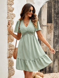 V-neck Solid Color Dress with Ruffled Sleeve Silver Sam