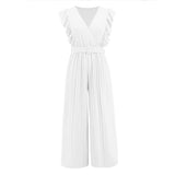 High Waist Sleeveless V-neck Pleated Wide Leg Jumpsuit